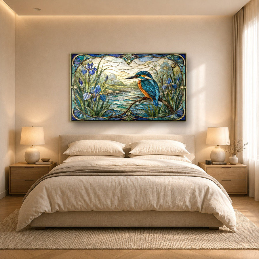 Bird River glass print mounted in a luxury hotel lobby lounge with warm accent lighting