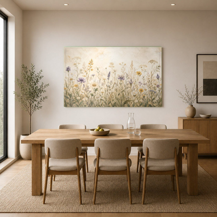 Lush meadow glass print adding a touch of nature above a wooden desk in a home office setup.