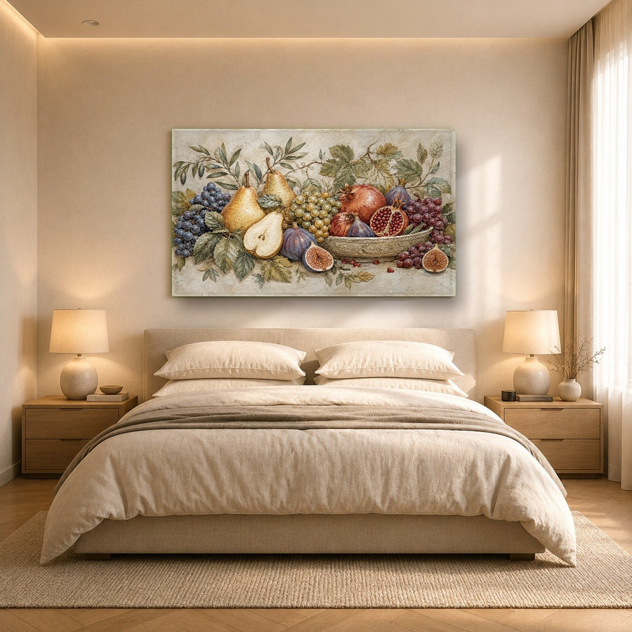 Elegant bistro dining space featuring Mediterranean-style citrus glass wall decor.