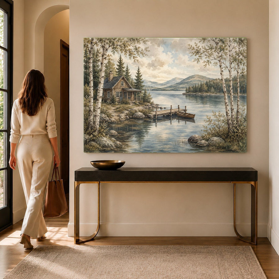 A tranquil misty lake glass print mounted on a dark green accent wall in a cozy bedroom setting.