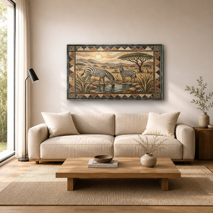 Stunning zebra photo print on shatter-resistant glass showcased above a sleek entryway console table