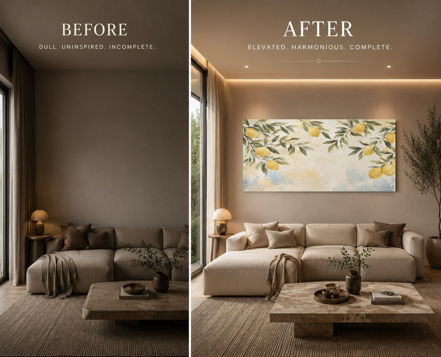 Sunlit dining room wall featuring a vibrant lemon grove glass wall art piece