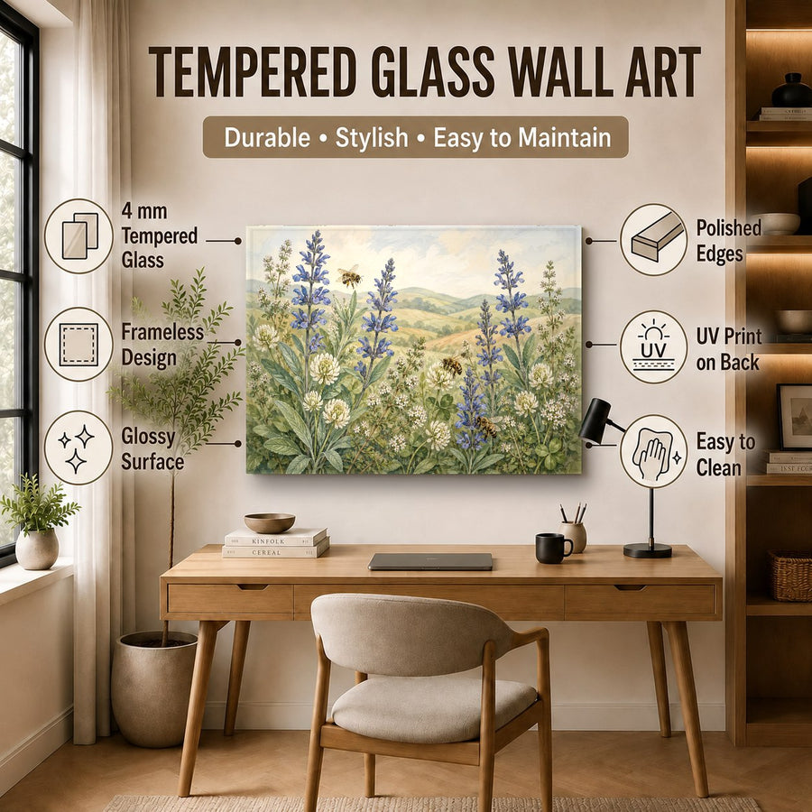 Large botanical glass wall hanging styling a chic entryway console table