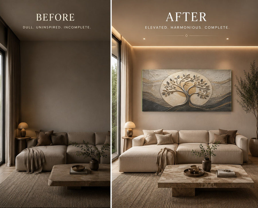 Tempered glass nature print with lush green foliage hanging on a neutral gray wall in a cozy reading nook.