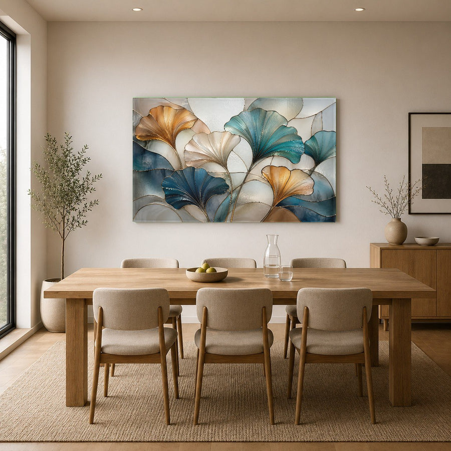 Bright, airy studio apartment showing the blue botanical glass art piece reflecting natural light from a window.