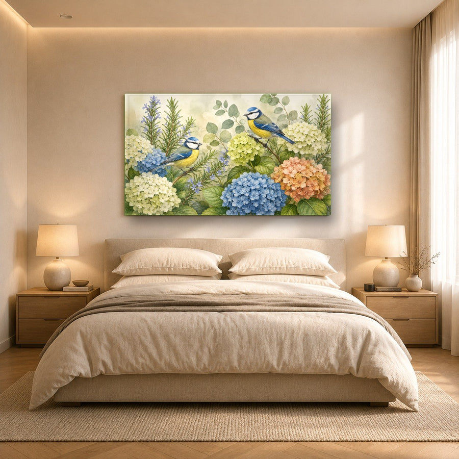 Song birds tempered glass art showcased in a peaceful meditation room