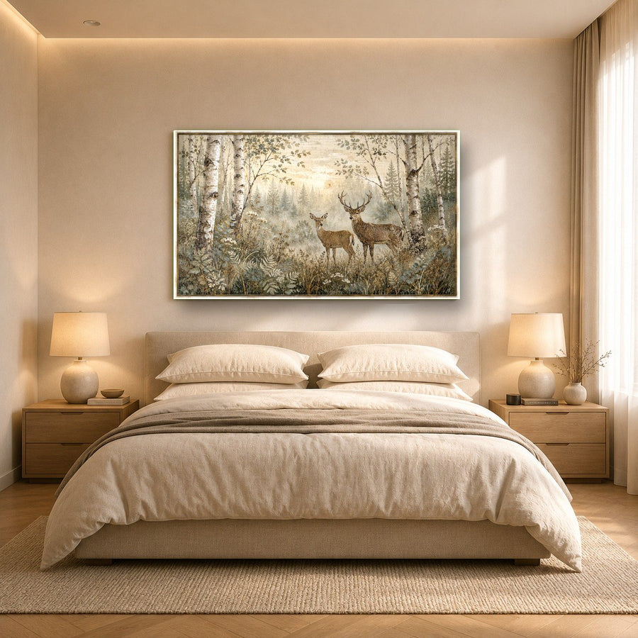 Tempered glass deer wall print showcased in a luxury hotel lobby interior