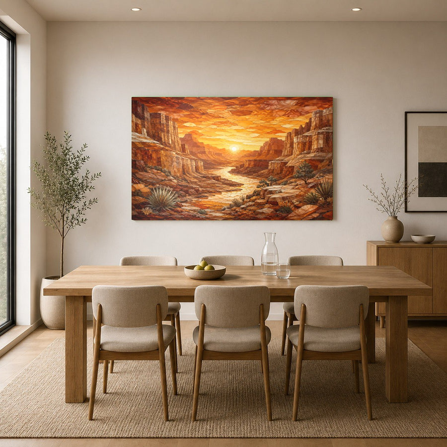 Minimalist living room featuring a warm desert sunset tempered glass art piece mounted above a wooden credenza.