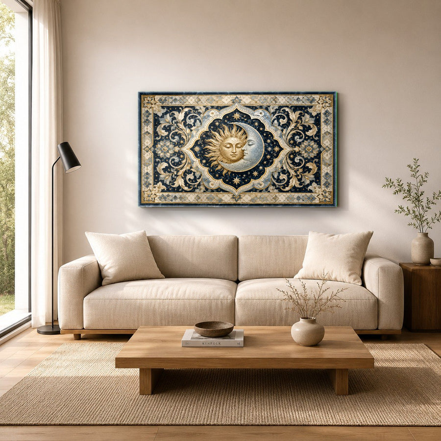 High-gloss sun and moon tempered glass artwork mounted above a wooden console table in an entryway.