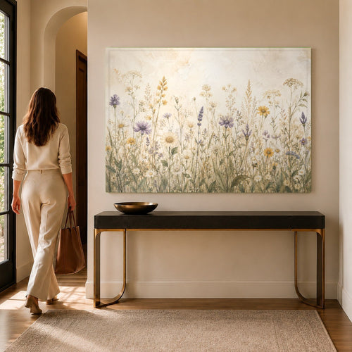 Wildflower Meadow glass wall art hanging above a modern beige sofa in a sunlit living room.