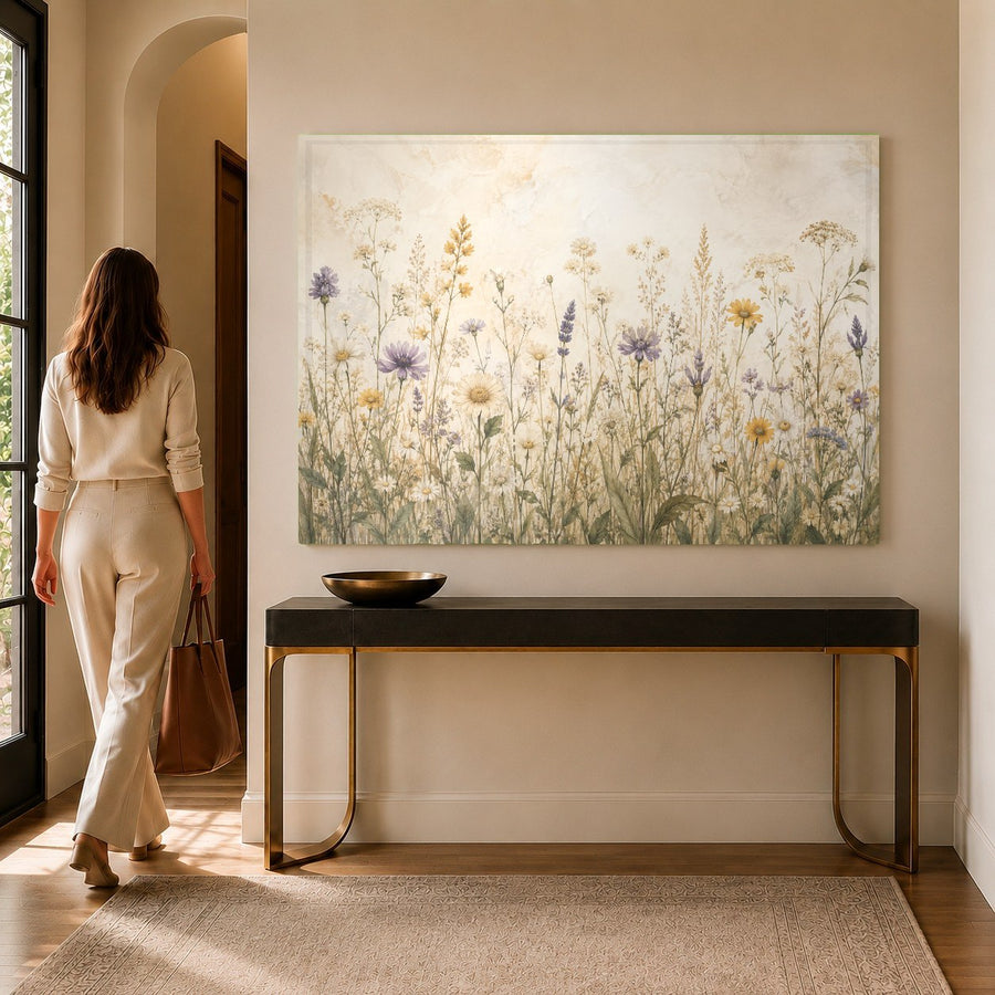 Close-up of botanical tempered glass print showcasing vibrant floral details in a cozy bedroom.