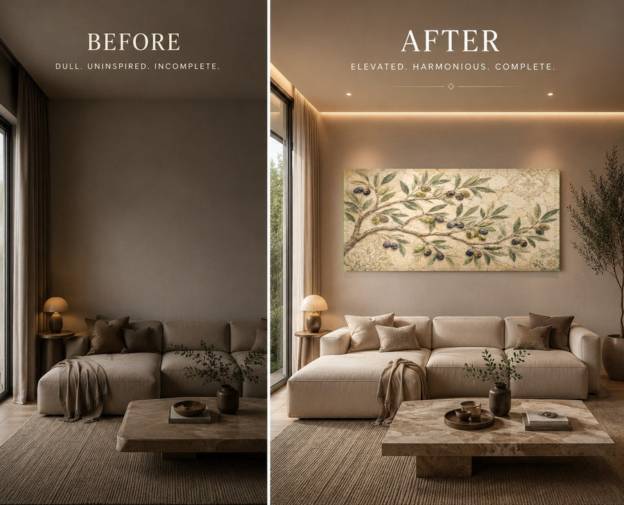 Tempered glass olive tree wall art mounted on a warm beige kitchen wall