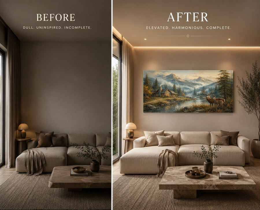 Frameless mountain lake glass print showcased in a contemporary dining room with natural wood furniture.