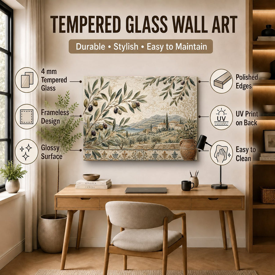 Olive wall decor piece in a chic home office with natural wooden furniture