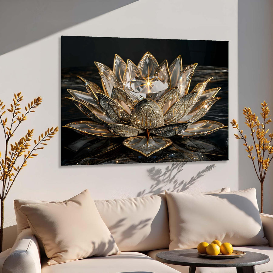 Decorative painting of a gold lotus flower on a wall above a beige sofa.