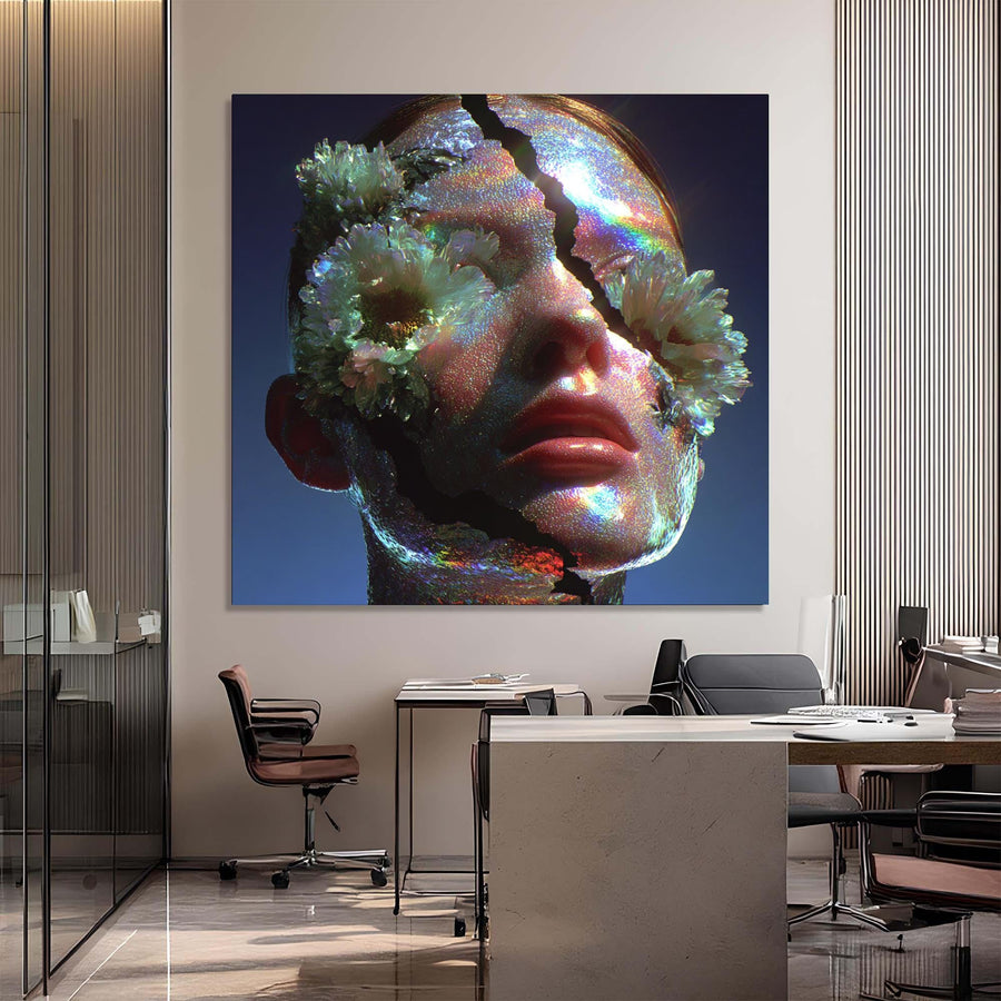 Modern office interior with a large abstract art piece on the wall.