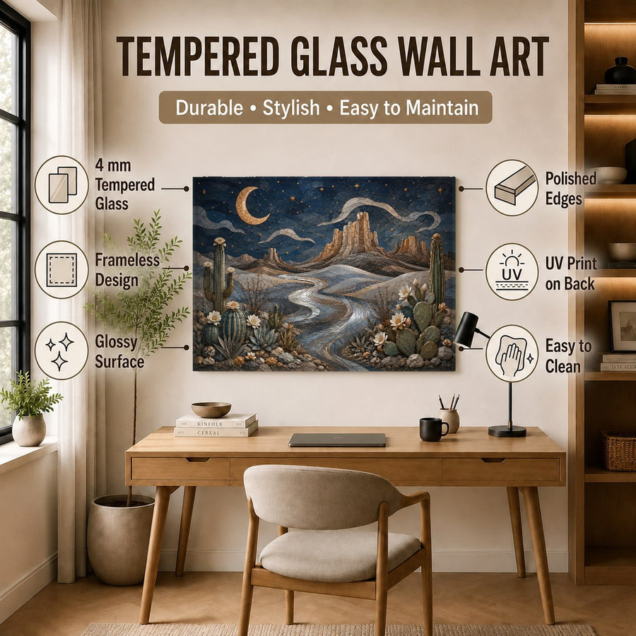 Side-angle view of the Desert Moon tempered glass print showing the hidden aluminum float frame on a textured plaster wall.