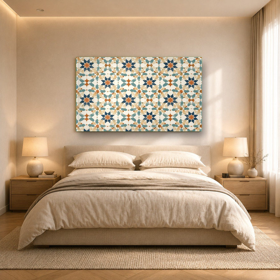 Sleek abstract mosaic wall art featured in a modern open-plan dining room