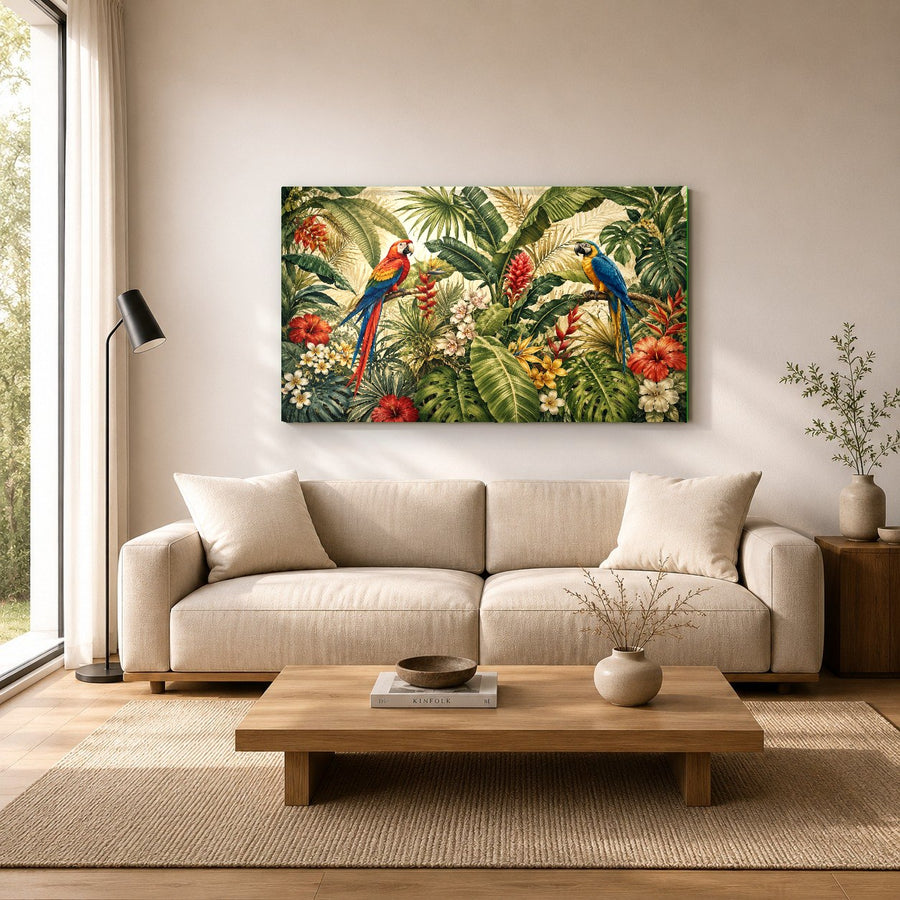 Tempered glass tropical bird art featured in a chic minimalist home office interior