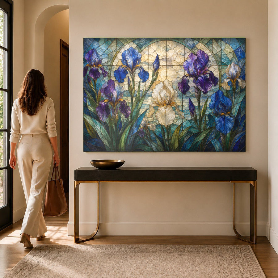 Close-up angle of the glossy Iris Garden tempered glass print hanging in a bright, sunlit master bedroom.