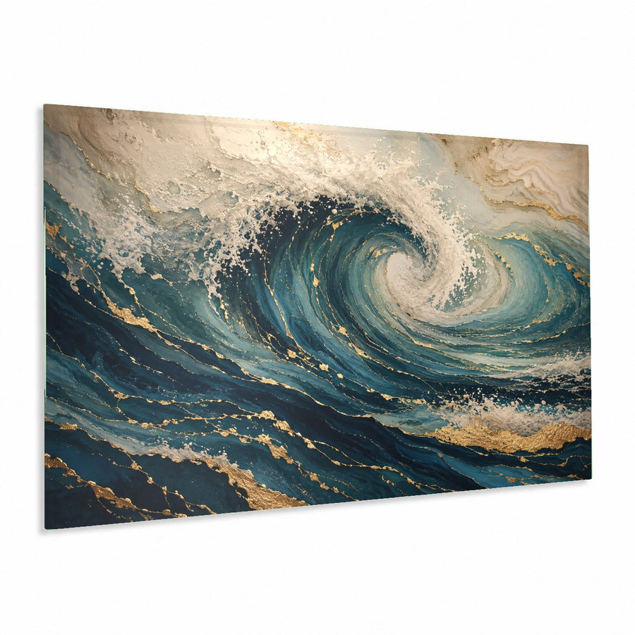 Ocean waves glass wall art hanging above a modern white sofa in a bright, sunlit coastal living room.