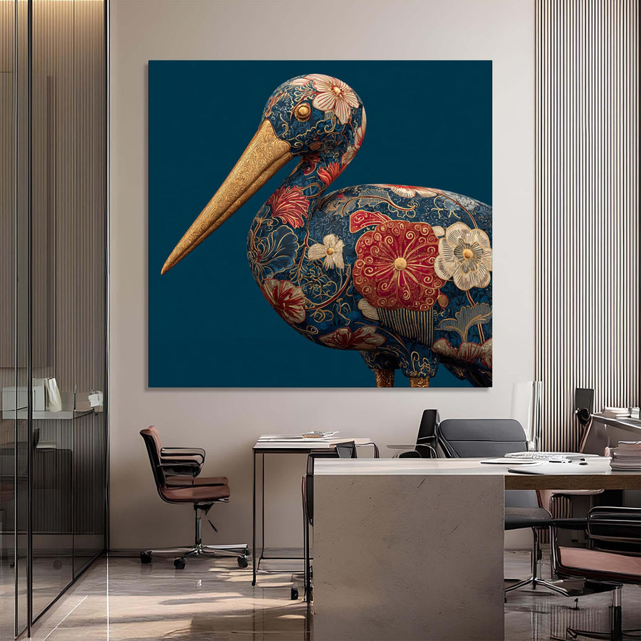 Decorative painting of a pelican with floral patterns on a blue background in an office setting.