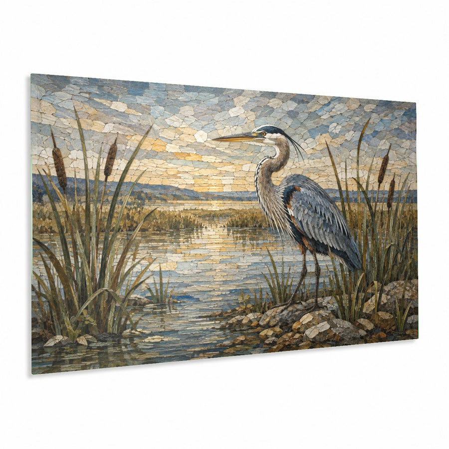 Heron Marsh glass wall art hanging above a beige fabric sofa in a bright, coastal-themed living room.