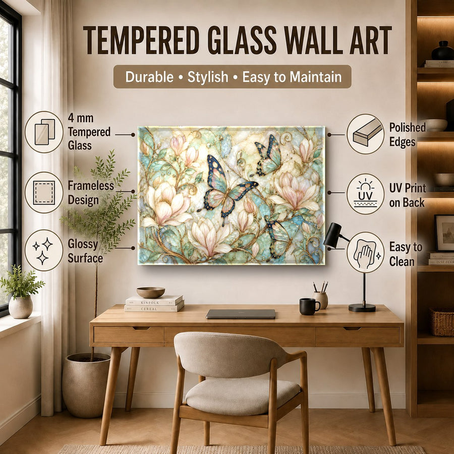 Modern butterfly tempered glass print adding a warm golden glow to a cozy reading nook with a leather armchair.