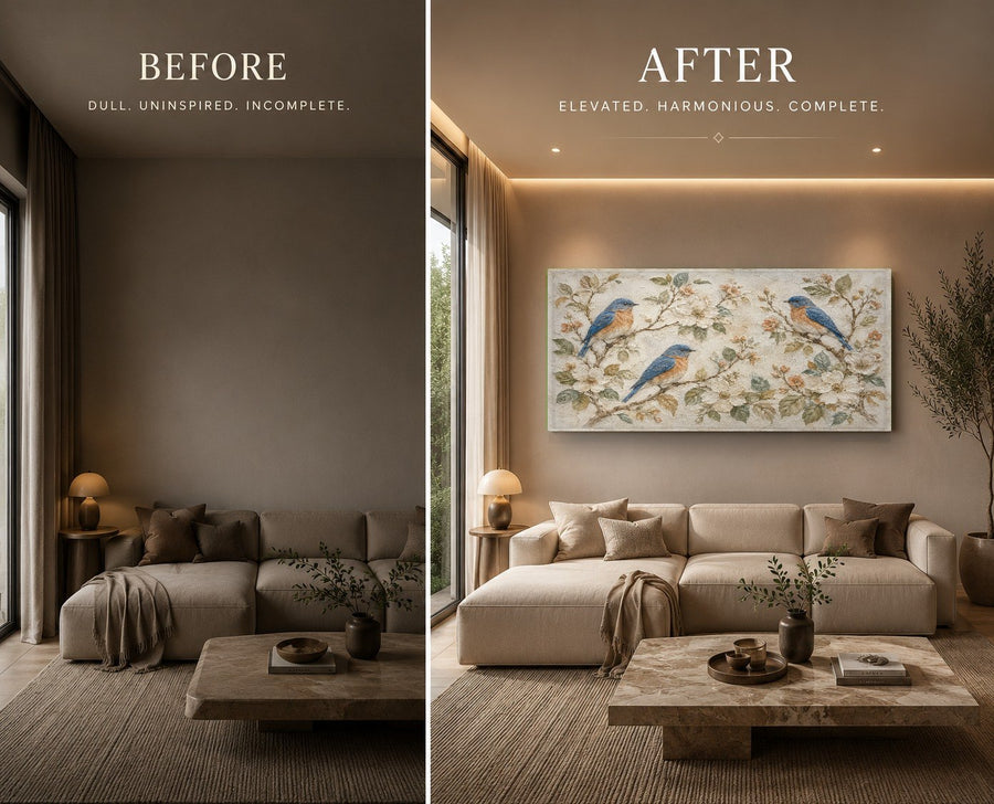 Close-up of the glossy, high-definition blue birds glass print mounted in a bright corporate office lobby.