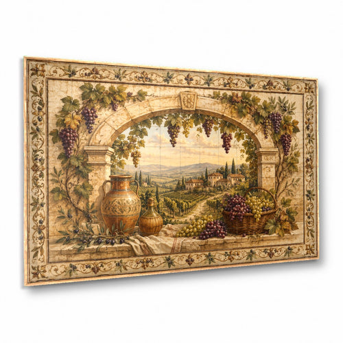 Tuscan vineyard glass wall art hanging in a sunlit dining room above a rustic wooden table