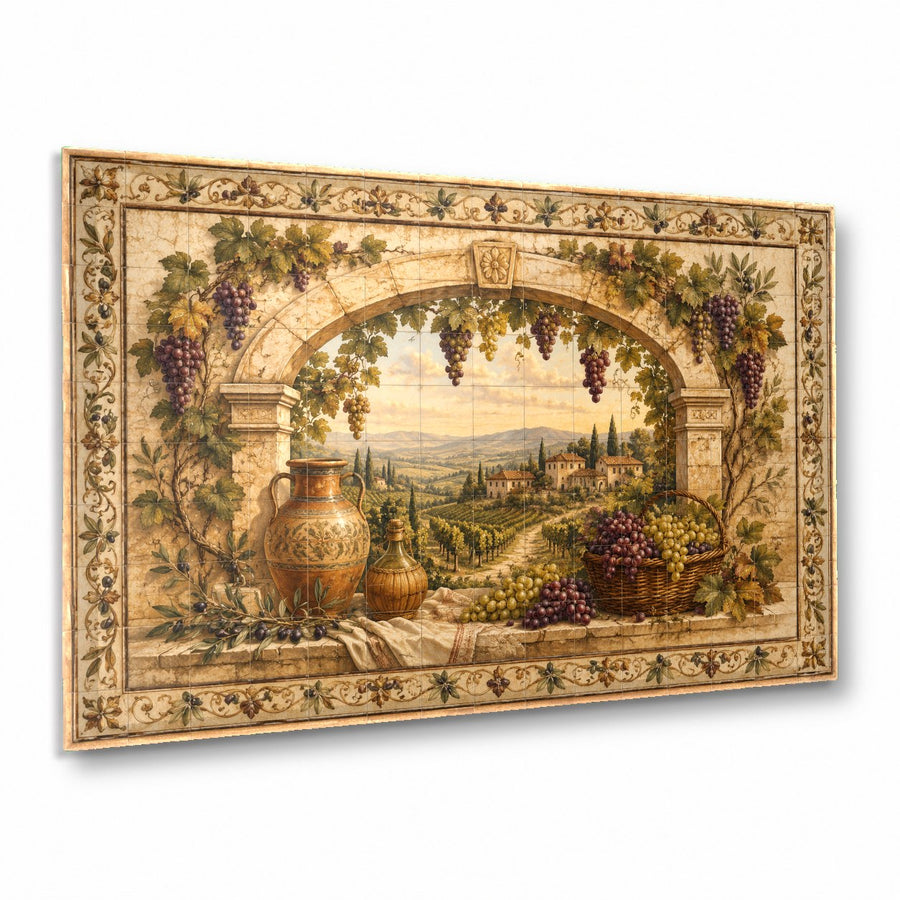 Tuscan vineyard glass wall art hanging in a sunlit dining room above a rustic wooden table