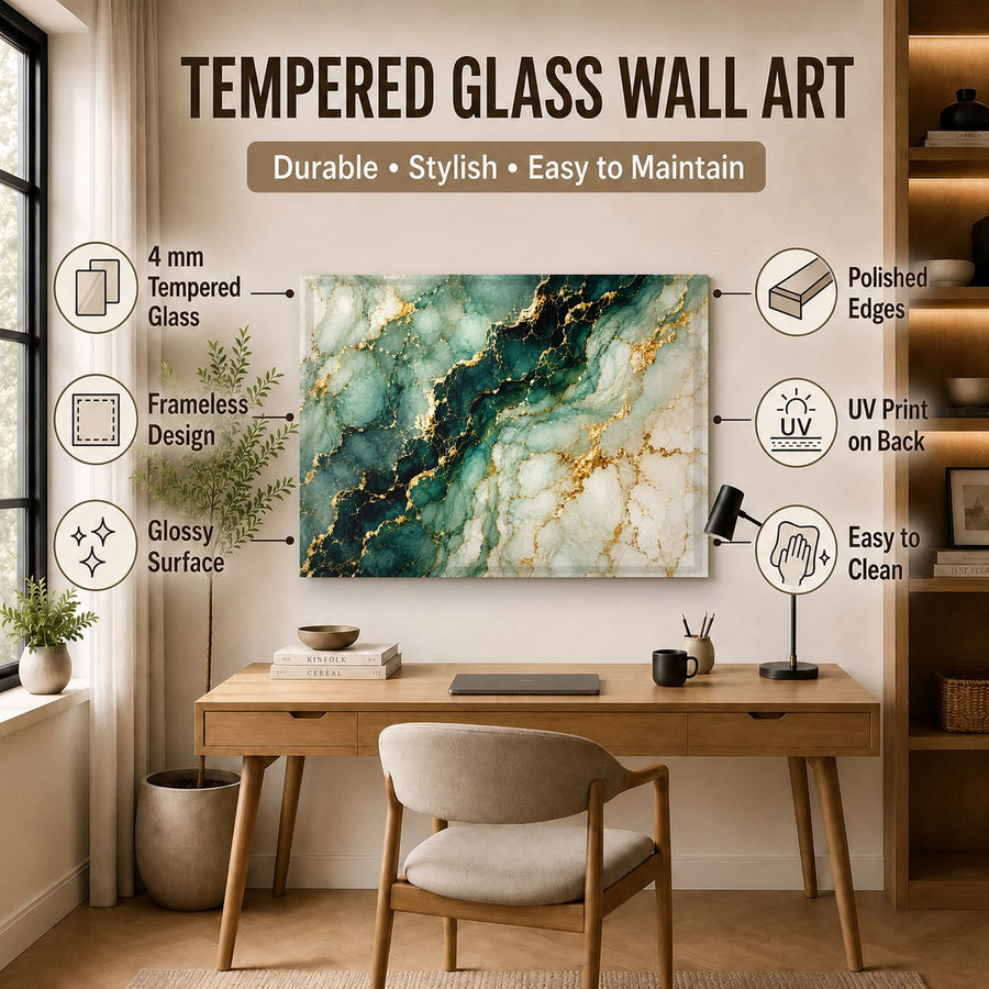 Stylish modern entryway featuring the Emerald Veins glass wall art paired with a sleek black console table.