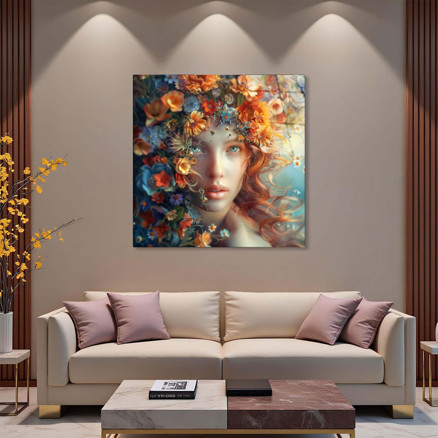 Decorative painting of a woman with flowers on a wall above a beige sofa.