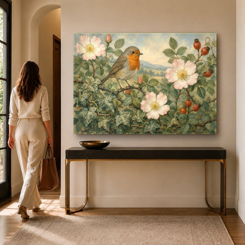 Bird and flower glass wall art hanging above a modern neutral sofa in a brightly lit living room