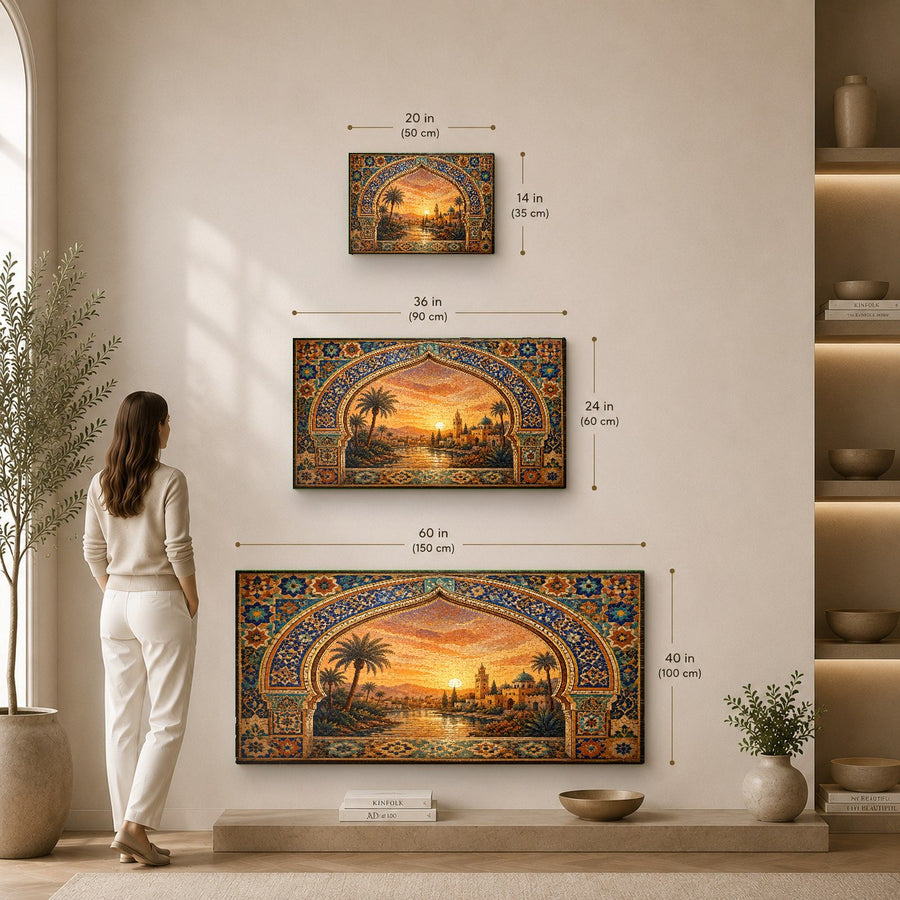 Serene spa relaxation room with Sunset Oasis glass wall art hanging near a bamboo massage table.
