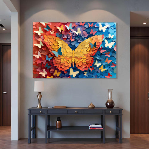 Colorful butterfly wall art on a white background