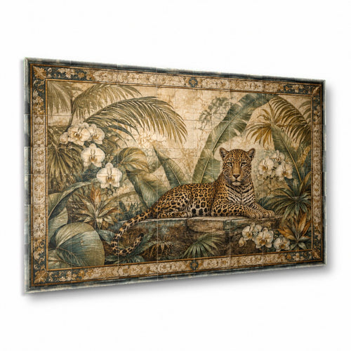 Wild leopard glass wall art mounted above a modern grey velvet sofa in a luxury living room