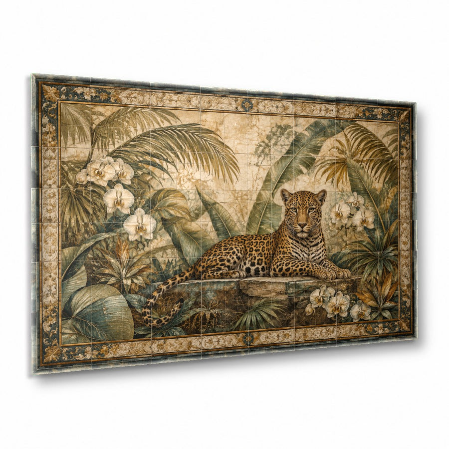 Wild leopard glass wall art mounted above a modern grey velvet sofa in a luxury living room