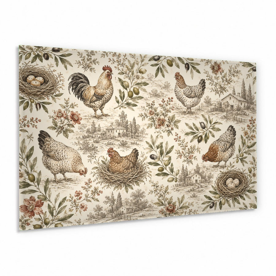 Abstract rooster glass wall art hanging in a modern white kitchen above a marble countertop.