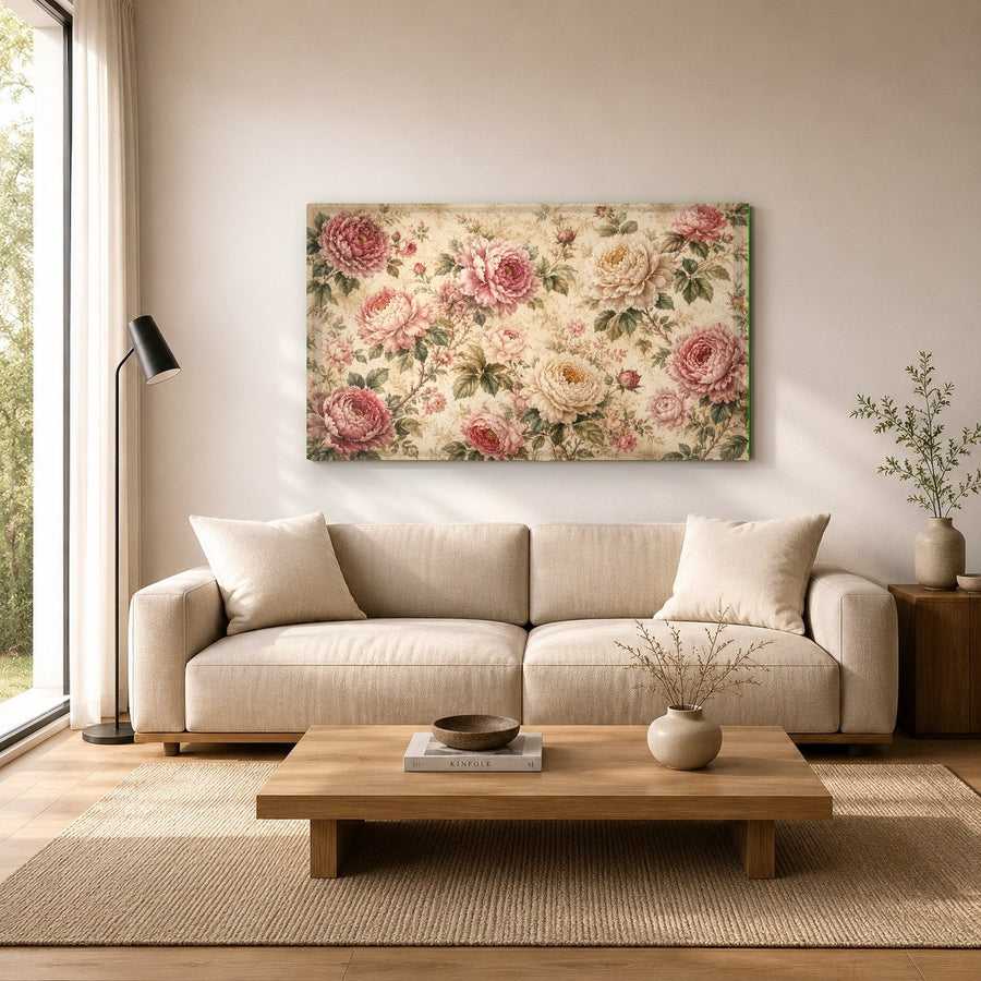 Frameless glass print of vintage roses mounted on a beige wall in a serene, upscale day spa.