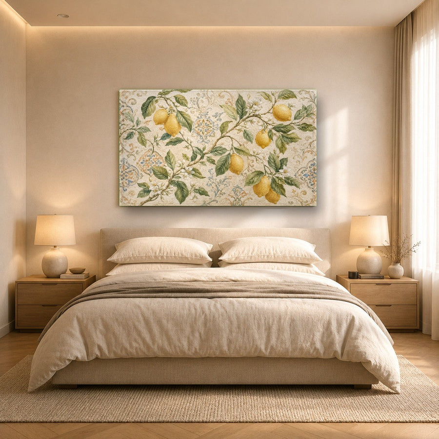 Lemon grove glass wall art beautifully styled in a coastal-themed sunroom filled with plants.