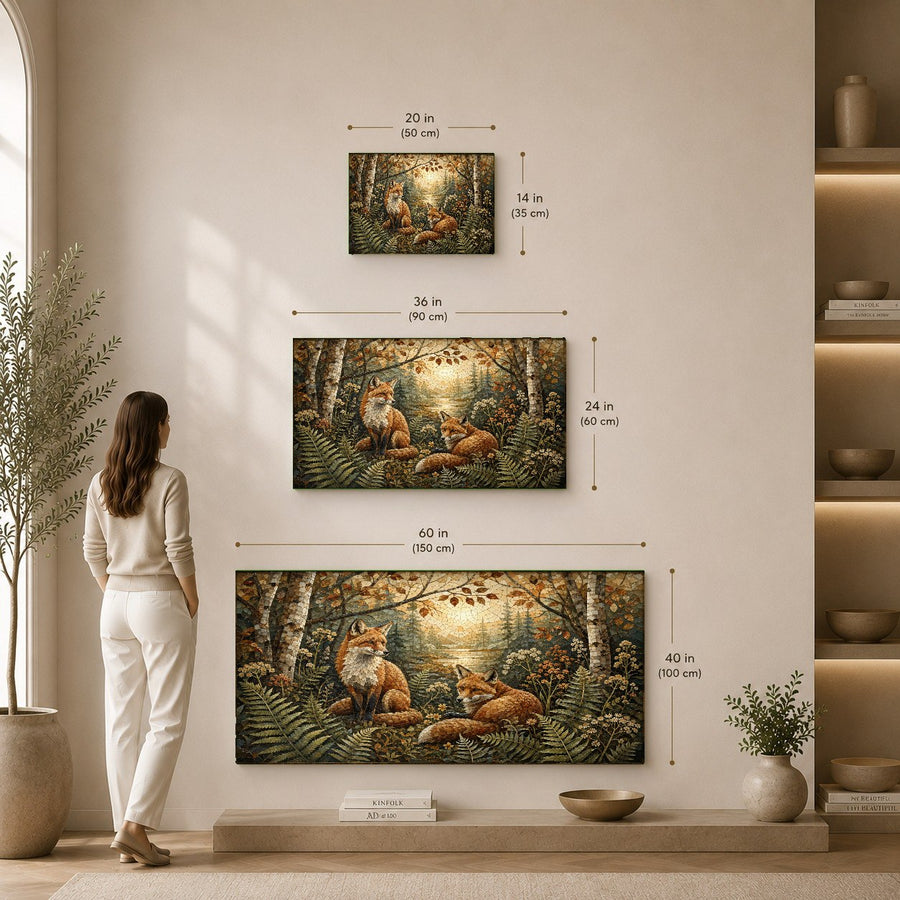 Frameless glass print of foxes in a misty woods hanging on a neutral-toned dining room wall.