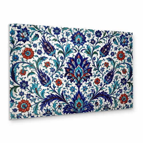 Iznik tile glass wall art hanging above a blue velvet sofa in a modern, sunlit living room.