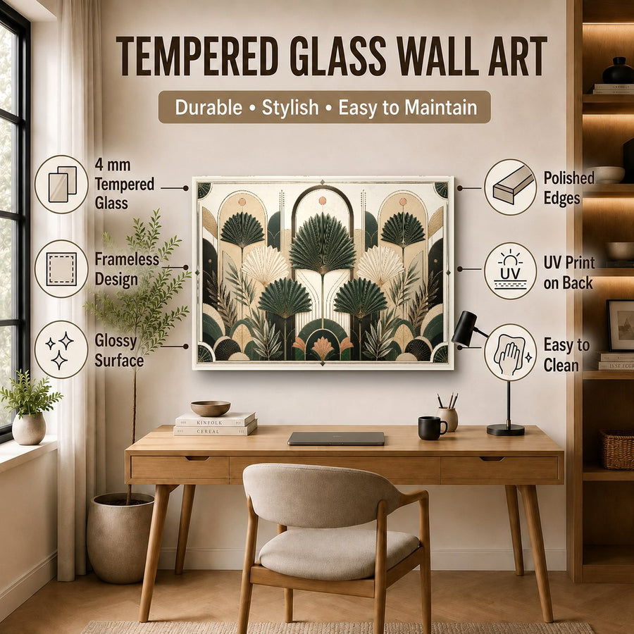 Green abstract glass wall art styled in a bright urban apartment interior