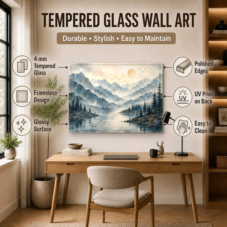 Angled view of the glossy, reflective misty lake artwork on a dark accent wall in a cozy reading nook.