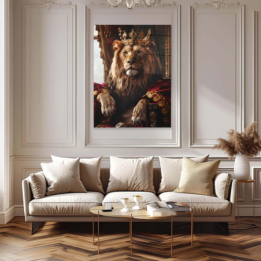 Living room with a large framed painting of a lion on the wall above a beige sofa.