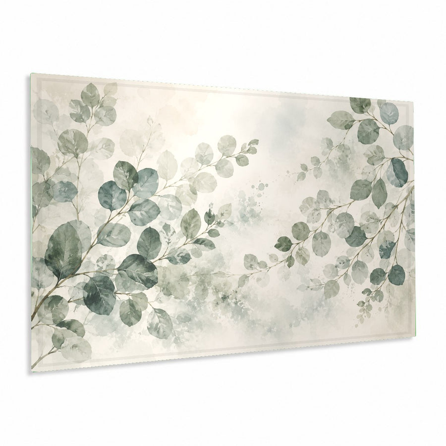 Eucalyptus Serenity glass wall art hanging above a white sofa in a bright, minimalist living room.