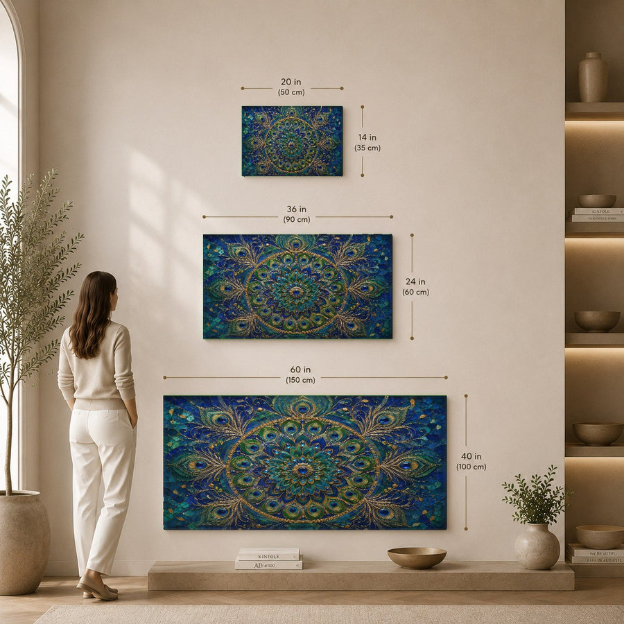 Peacock Mandala glass art piece adding a touch of color to a minimalist home office with a dark wooden desk.