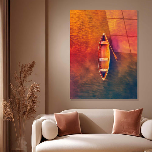 Wooden boat with an oar on a colorful water surface