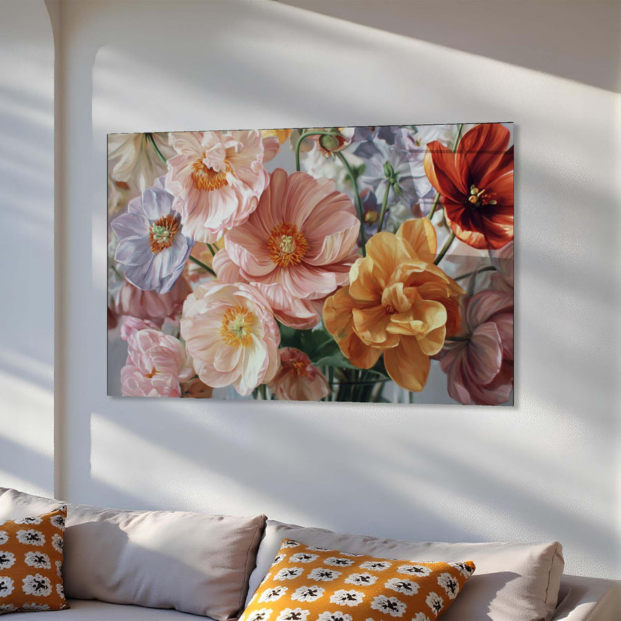 Floral painting on a wall above a sofa with patterned cushions.